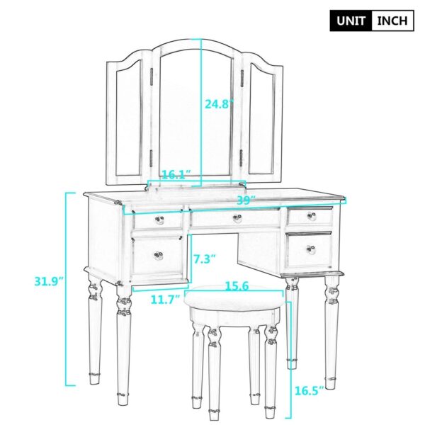 Vanity Table Set with Mirror and Stool, 5 Drawers Makeup Dressing Table with Cushioned Stool - Image 6