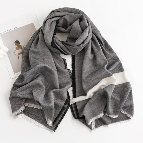 Herringbone Pattern Monochrome Artificial Cashmere Scarf Women's Simple Casual Style Tassel Warm Shawl - Image 2